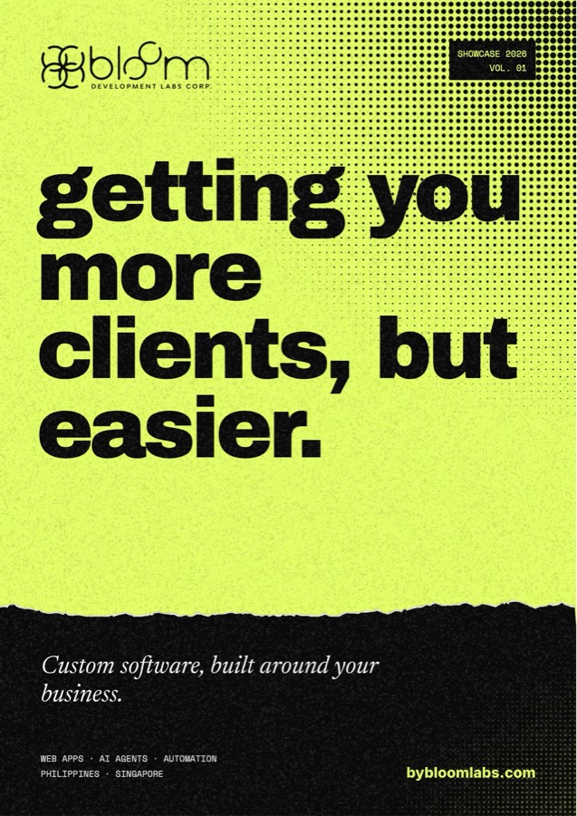 Cover of the Bloom DevLabs Showcase Book 2026: getting you more clients, but easier.