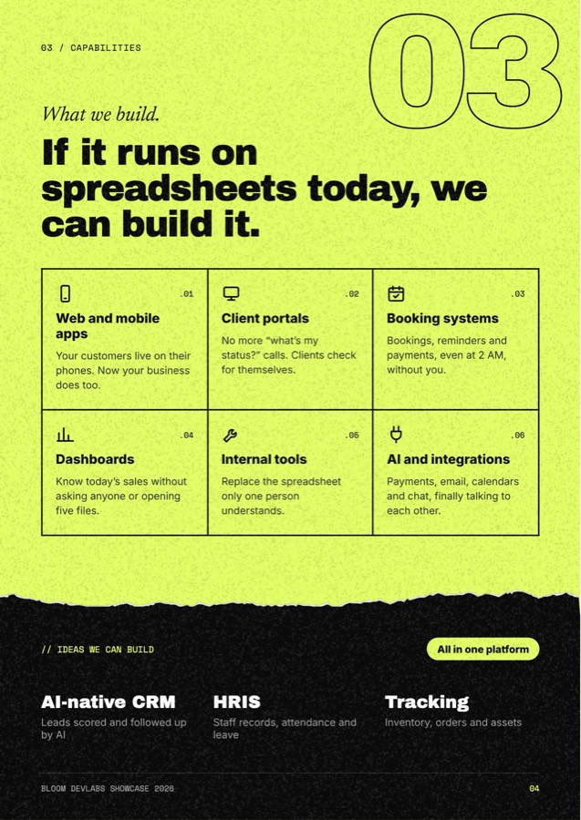 A page from the Bloom Labs showcase book: what we build.