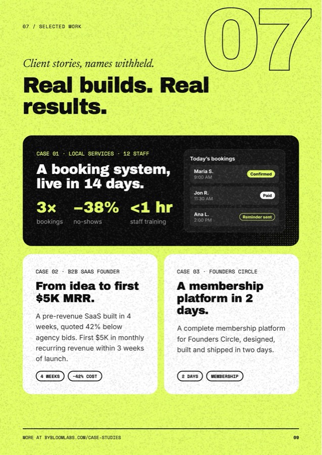 A page from the Bloom Labs showcase book: selected client work.